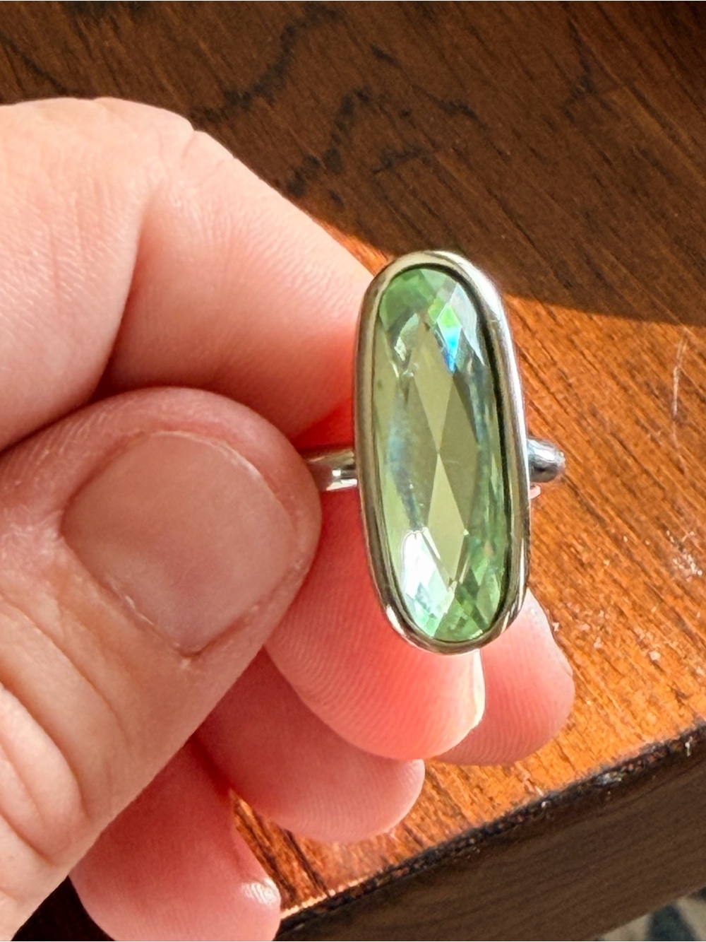 Green Glass Crystal Oval Stainless Steel Ring - Women Jewelry Size 8